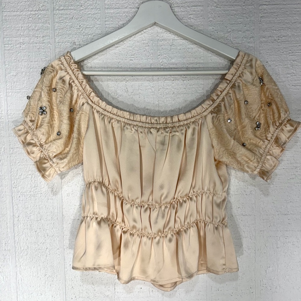 NWOT Forever 21 satin off shoulder babydoll rhinestone blouse size S